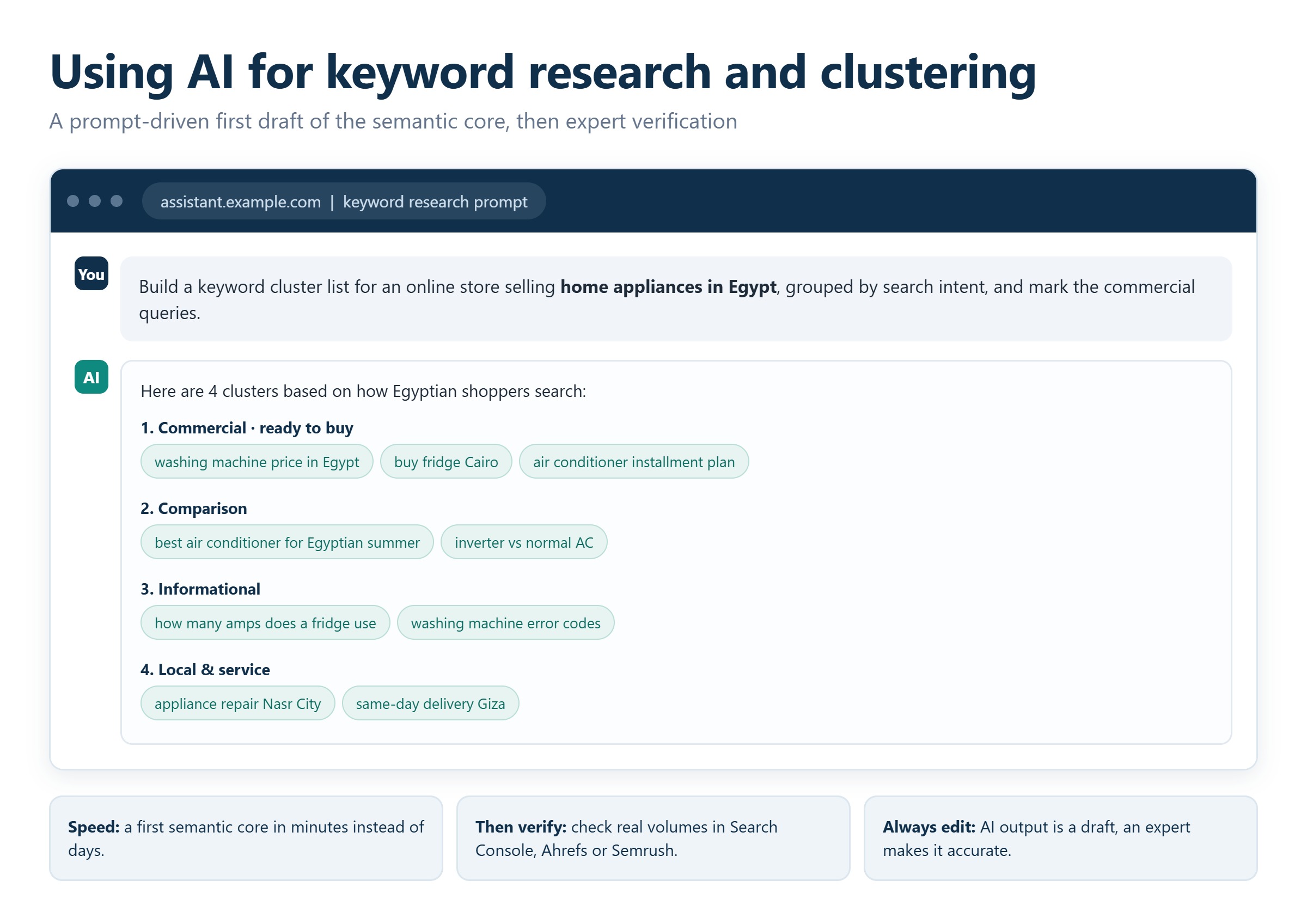 Marketer using AI and neural network tools for SEO analysis on a laptop dashboard