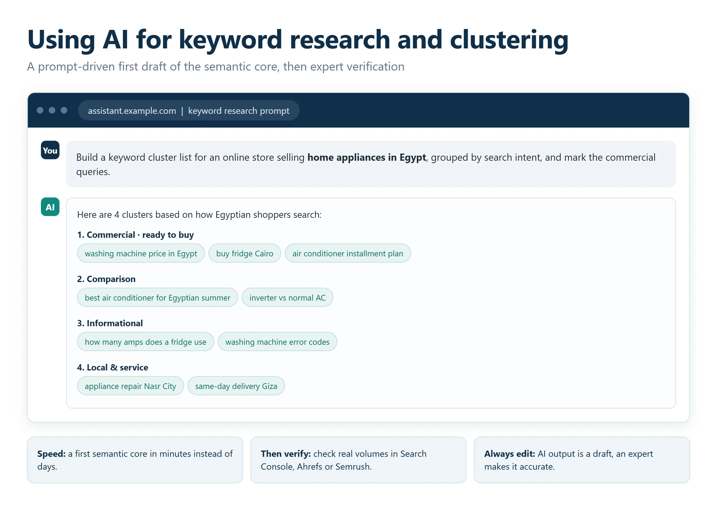 Marketer using AI and neural network tools for SEO analysis on a laptop dashboard
