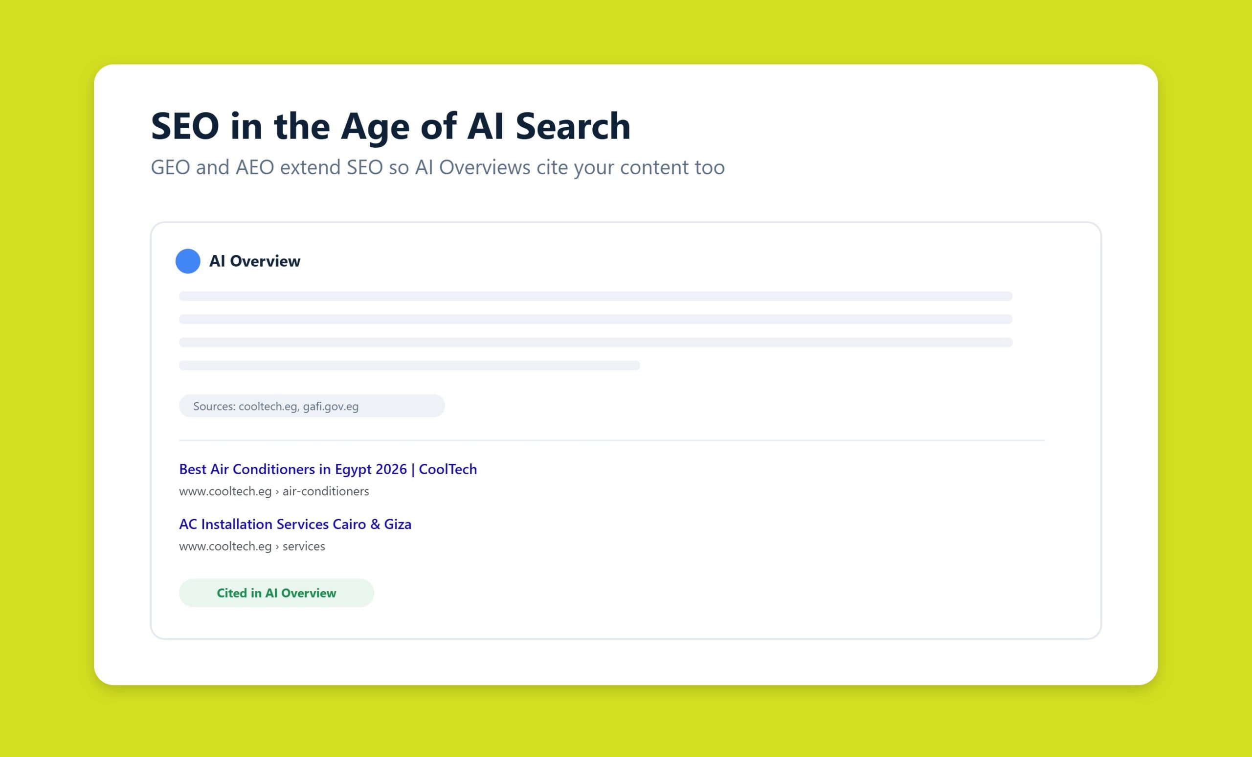 Modern search results showing an AI Overview summary above organic links, illustrating GEO and AEO