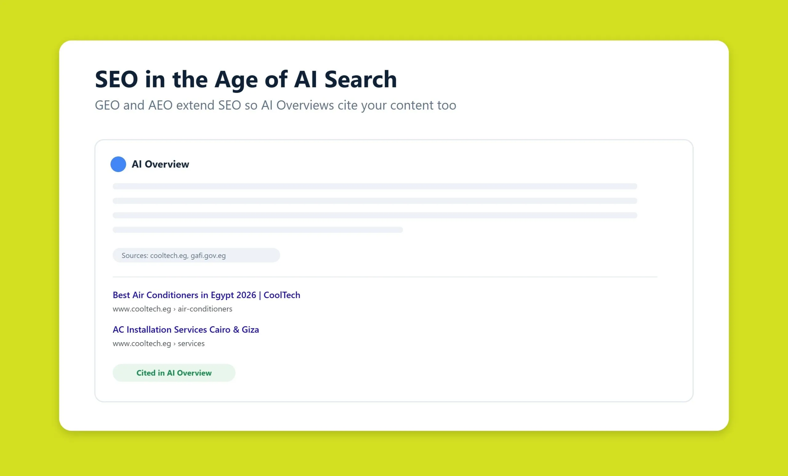 Modern search results showing an AI Overview summary above organic links, illustrating GEO and AEO