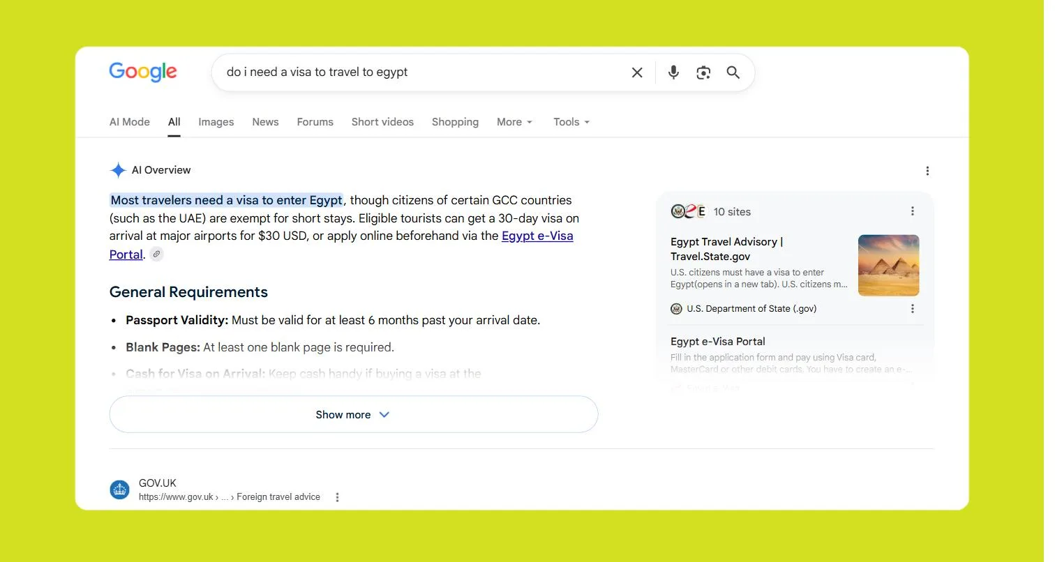 AI answers occupying the zero position above organic search results