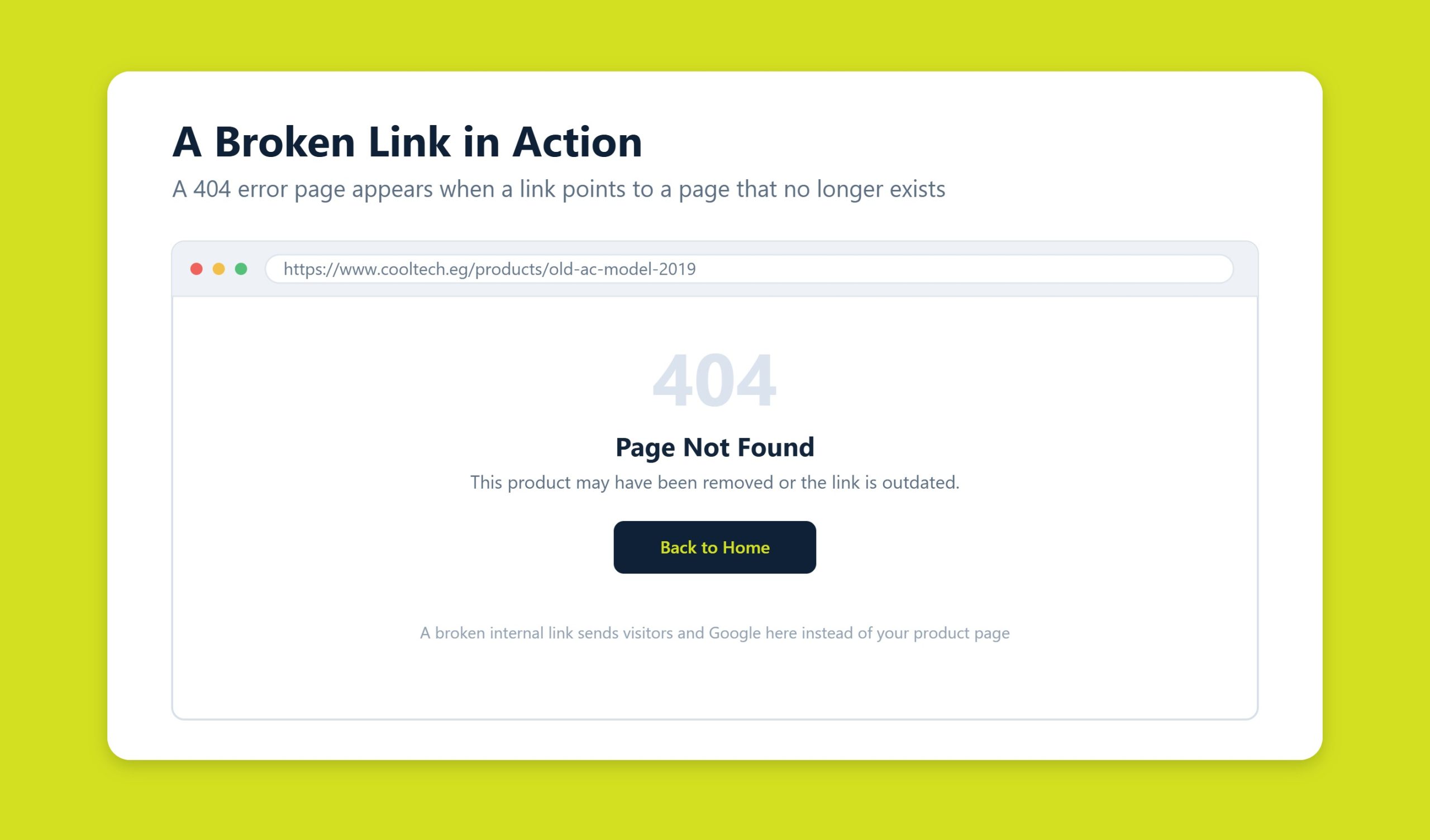 Browser window displaying a 404 error page caused by a broken link