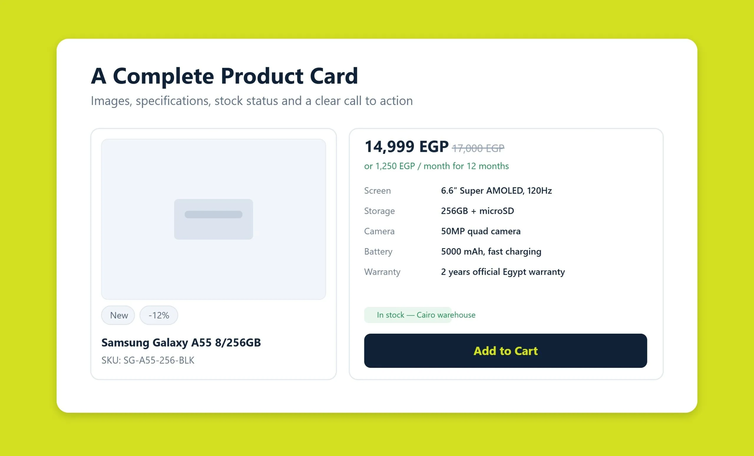 Complete product card with images, specifications, stock and buy button
