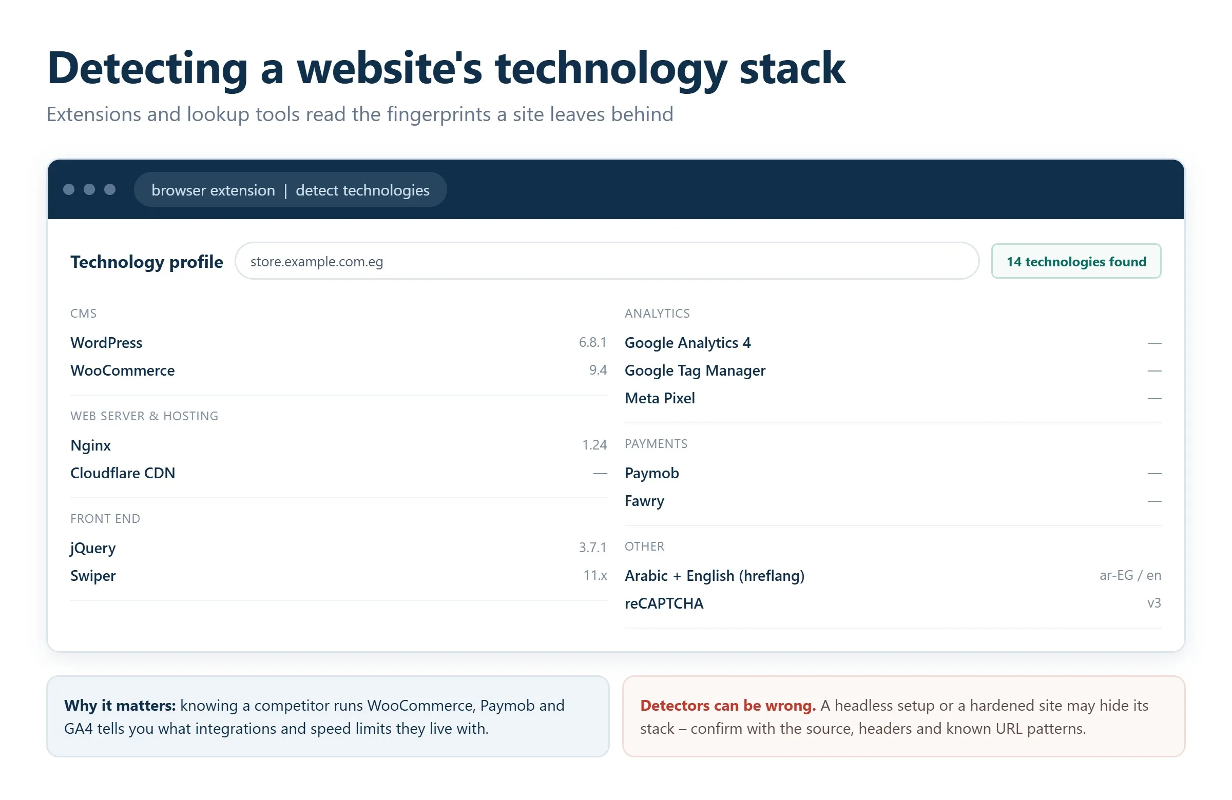 Browser extension showing a website's detected technology stack including CMS, analytics and payments