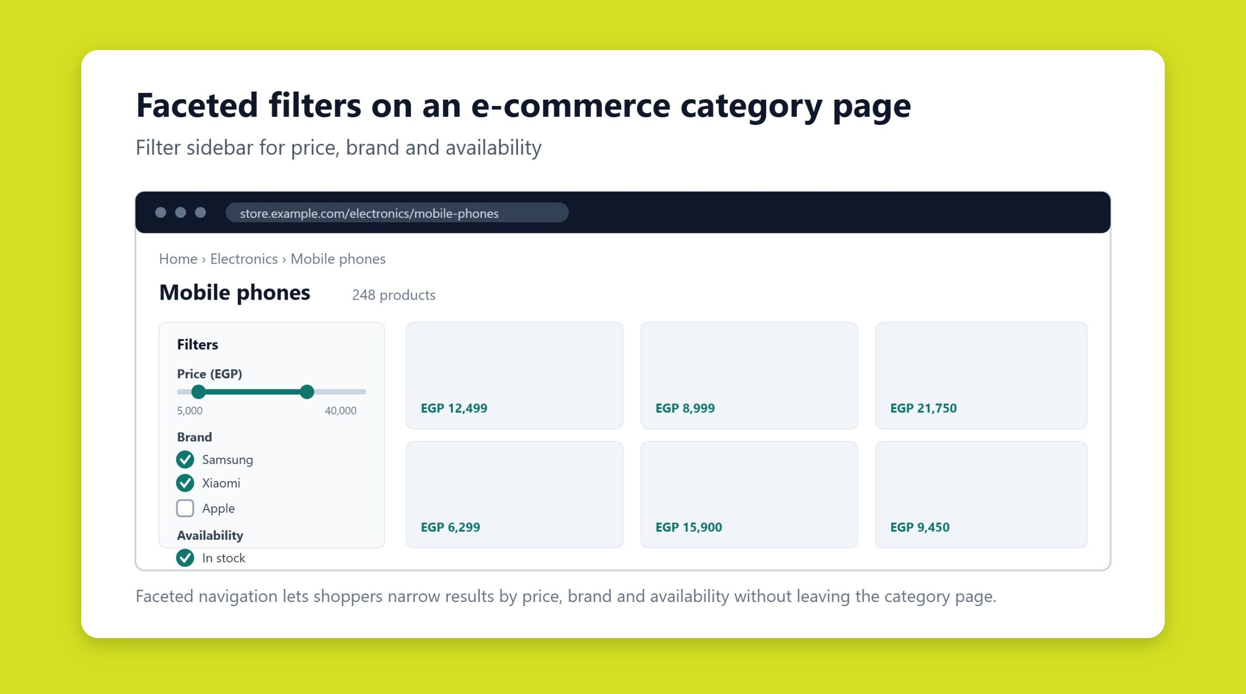 E-commerce category page with a faceted filter sidebar for price, brand, and availability