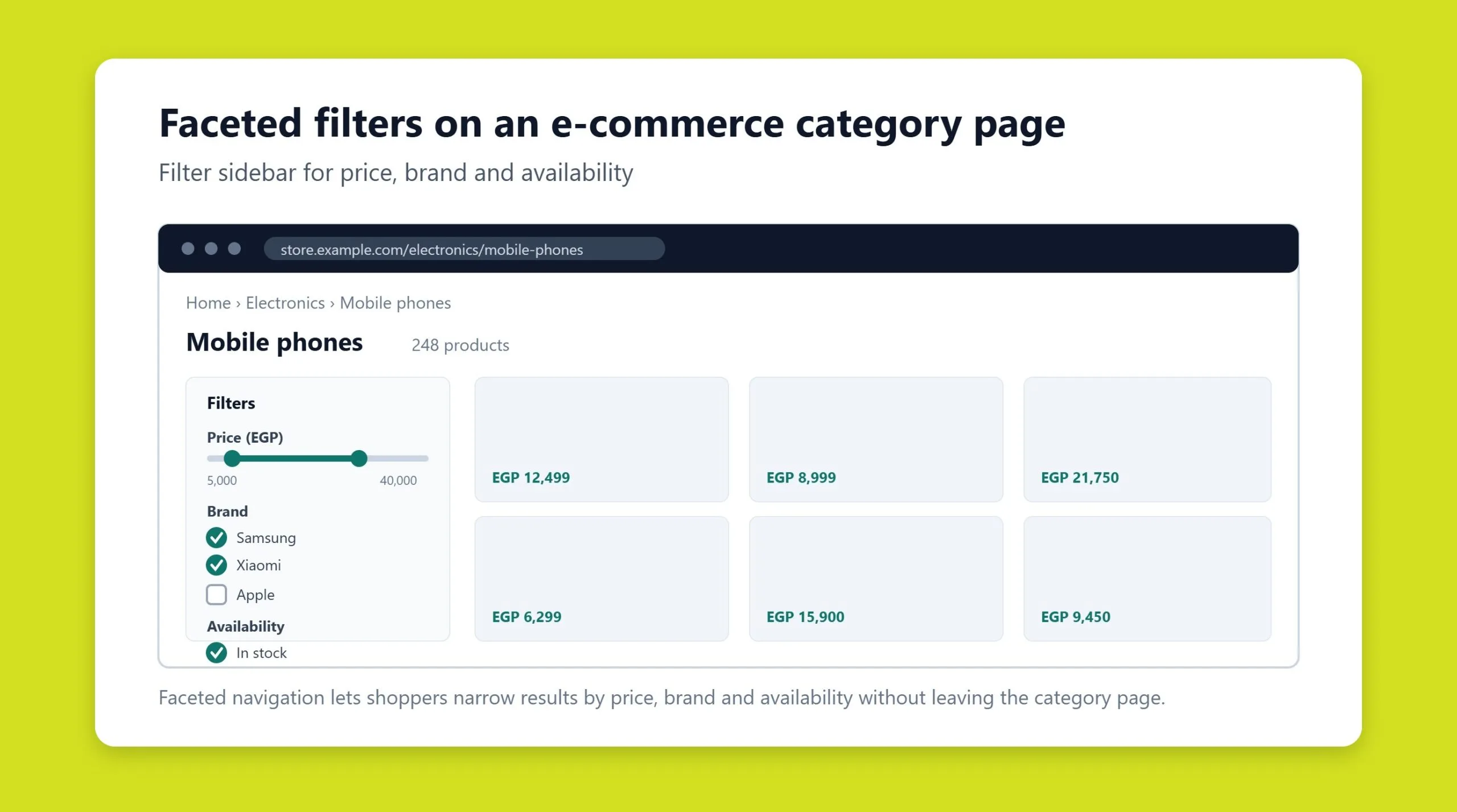 E-commerce category page with a faceted filter sidebar for price, brand, and availability