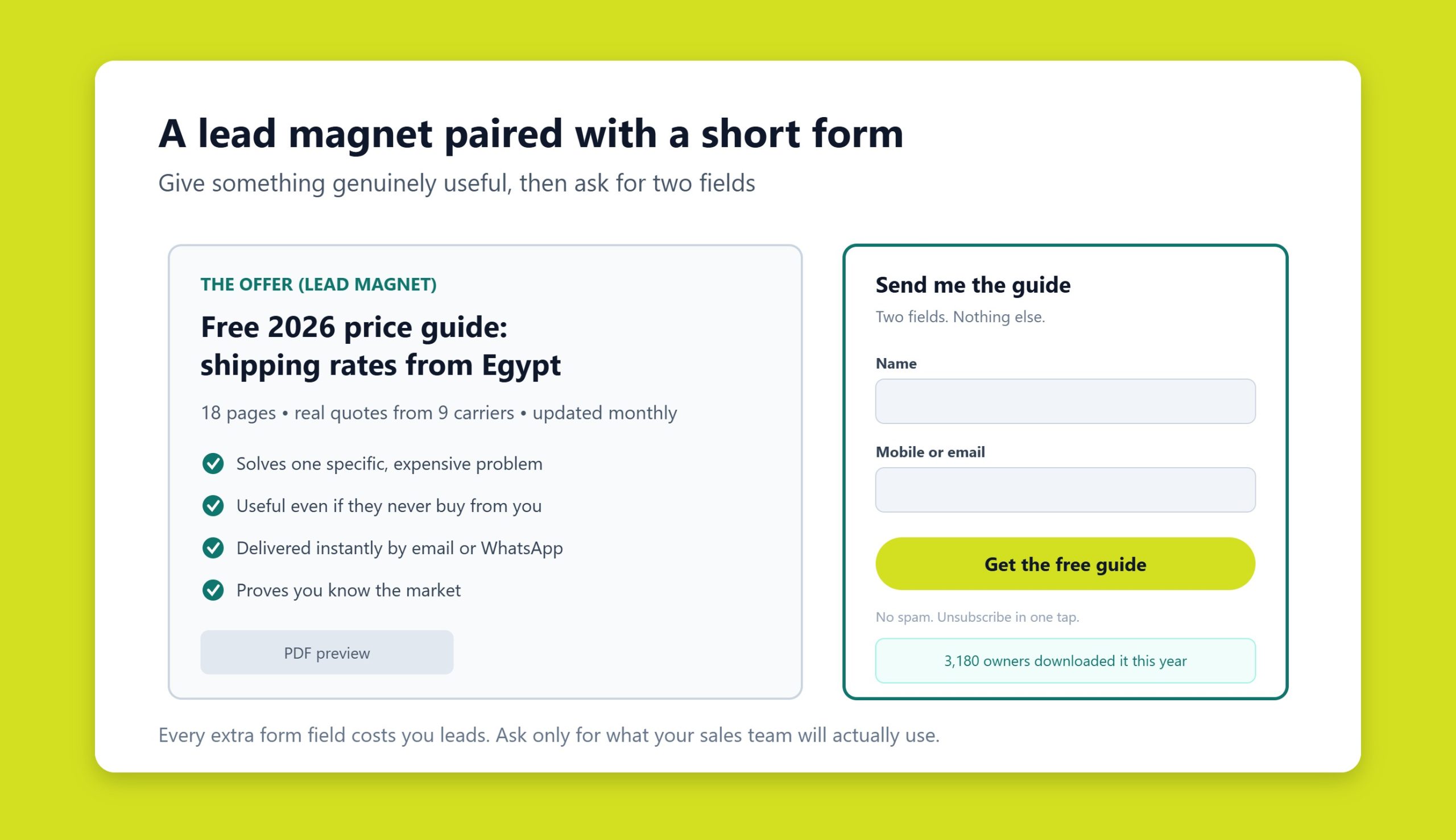 Landing page layout pairing a valuable lead magnet offer with a short, focused sign-up form