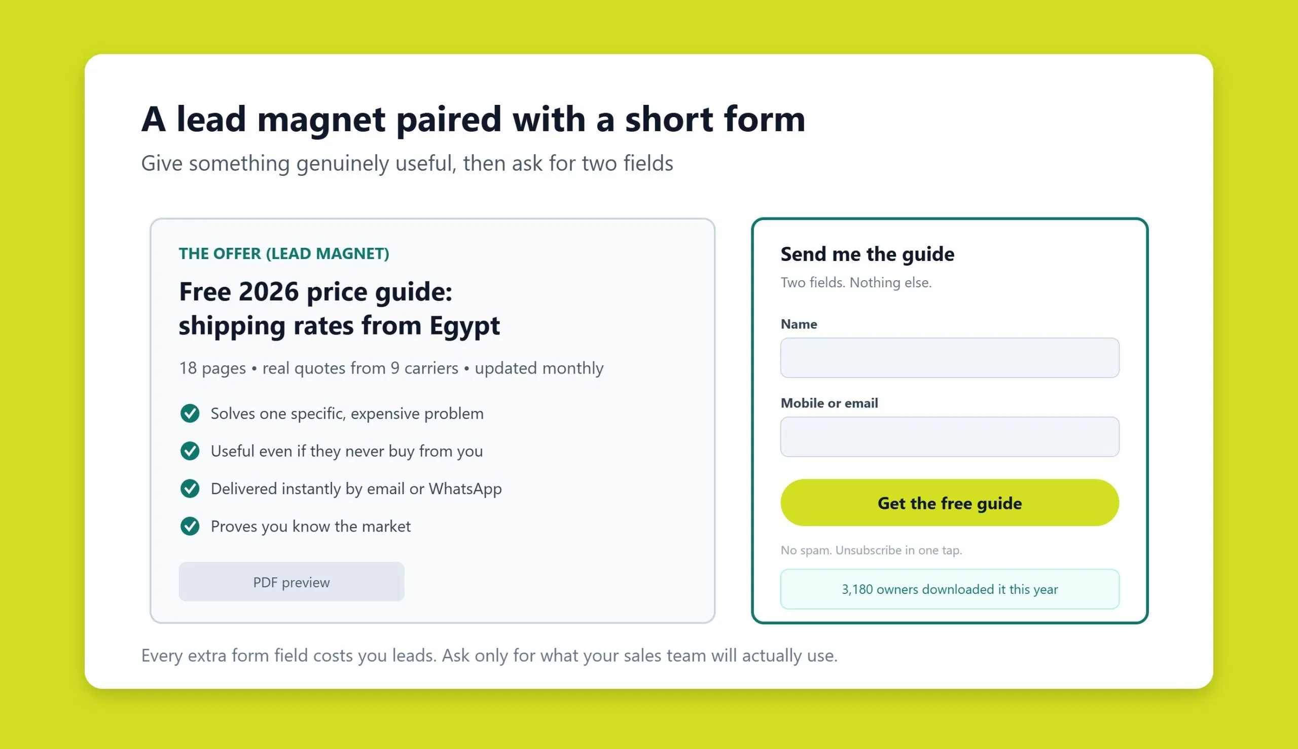 Landing page layout pairing a valuable lead magnet offer with a short, focused sign-up form