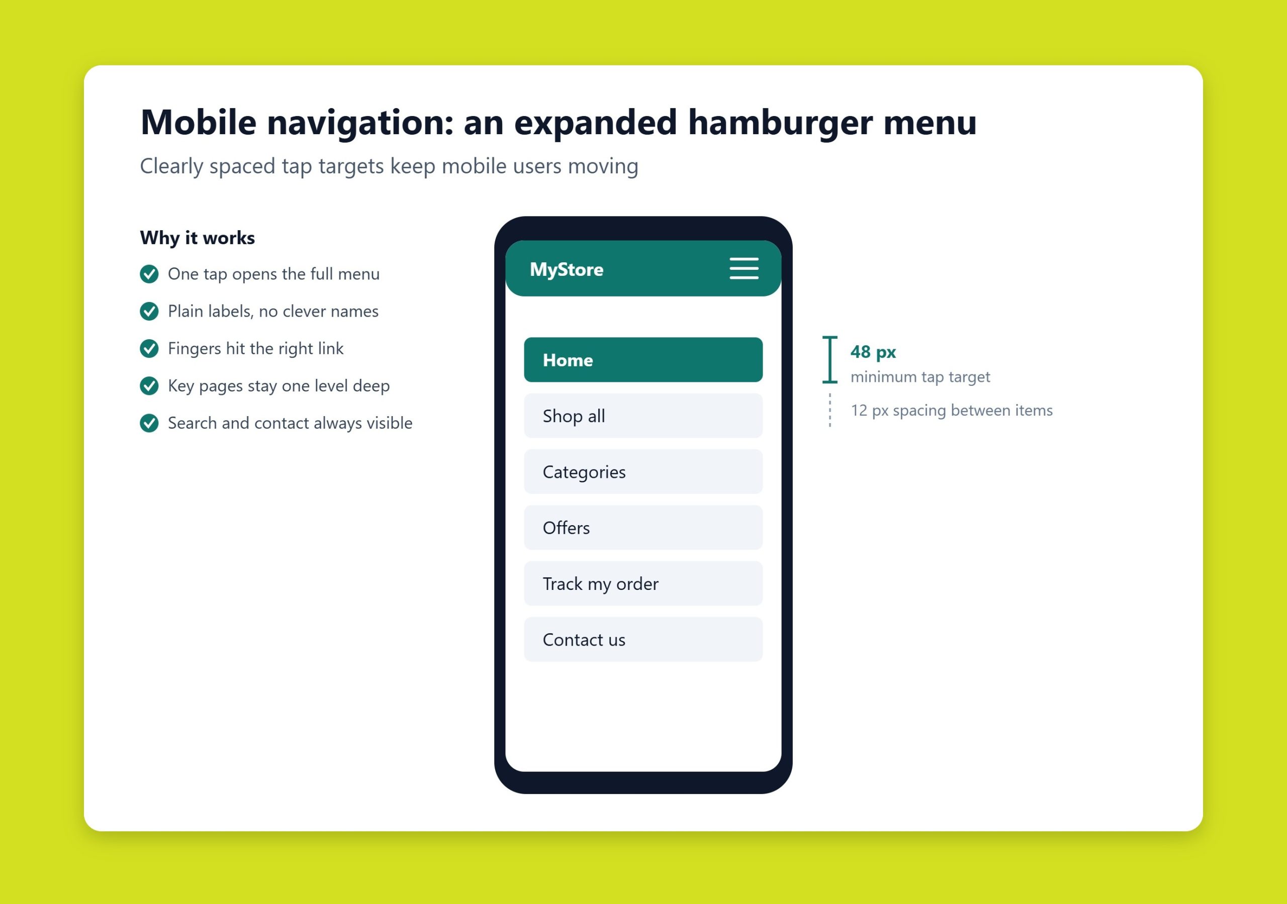 Mobile phone showing an expanded hamburger menu with clearly spaced tap targets