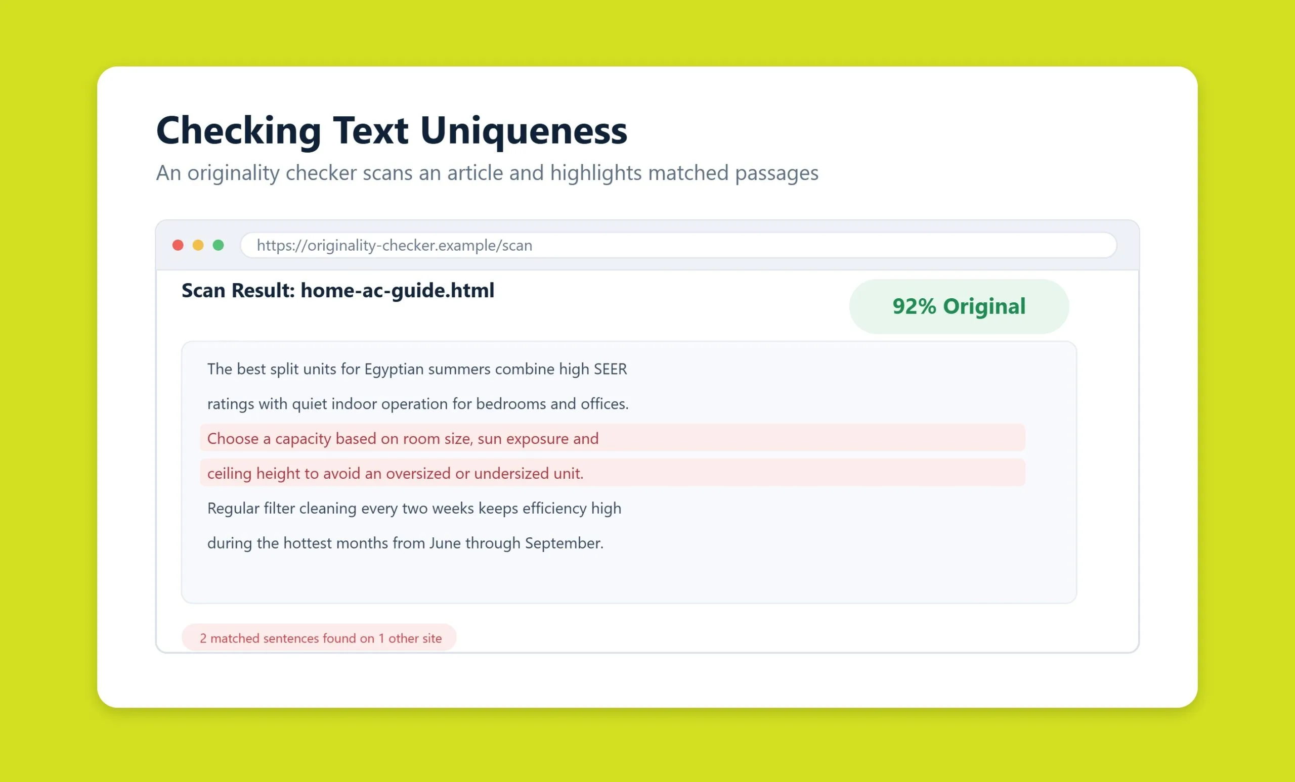 Plagiarism checker tool scanning an article for copied passages