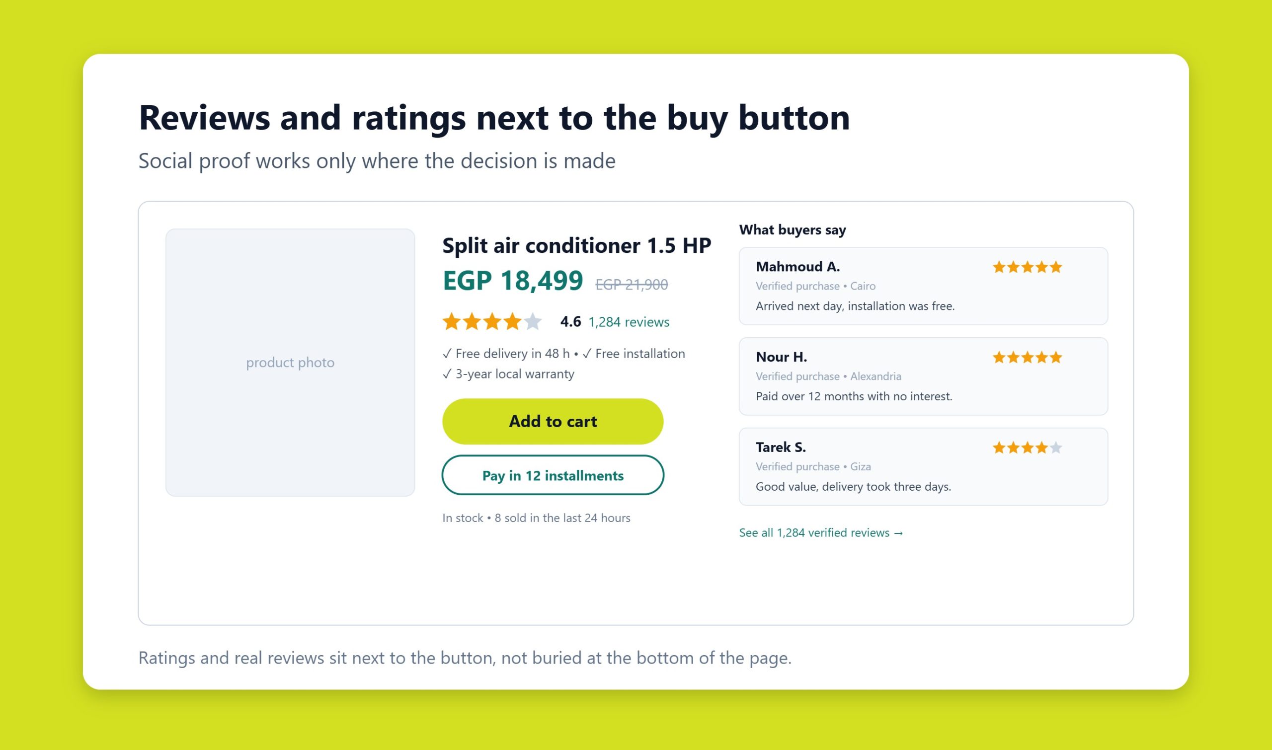 Product page section displaying customer reviews and star ratings near a buy button