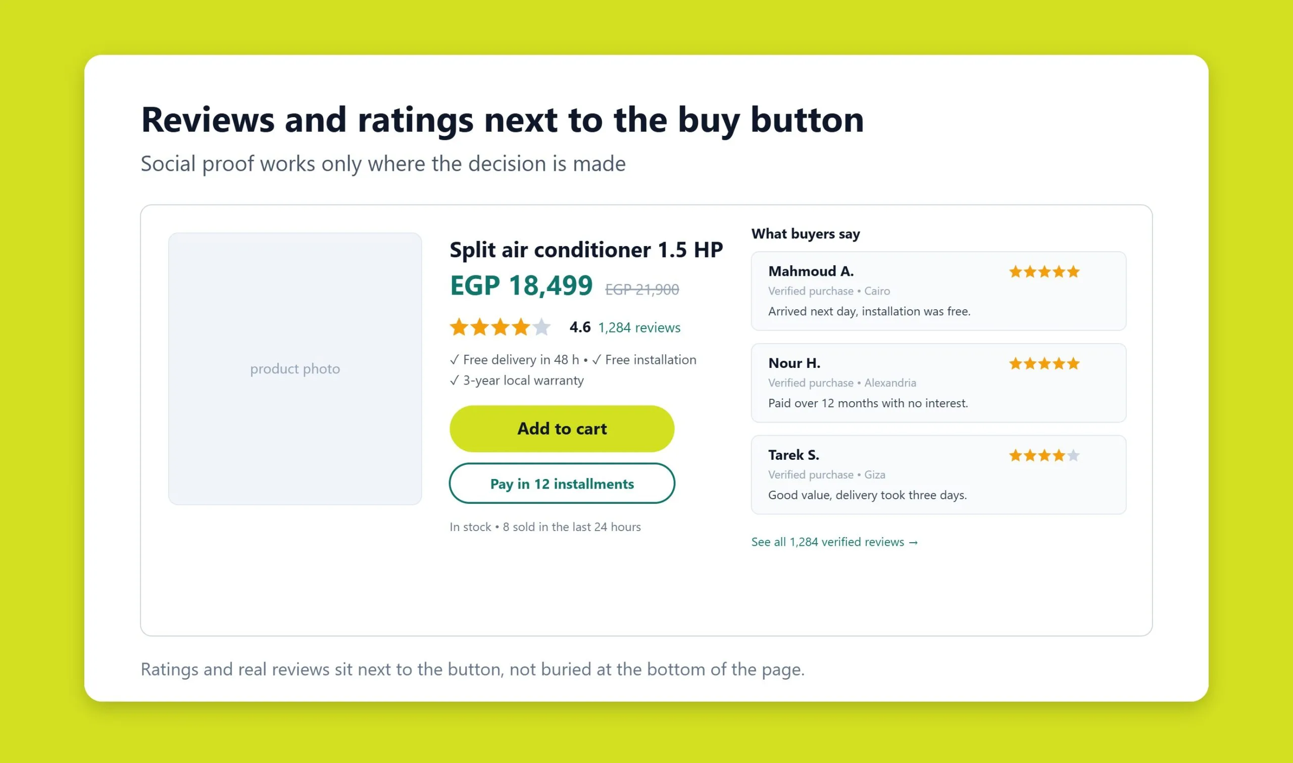 Product page section displaying customer reviews and star ratings near a buy button