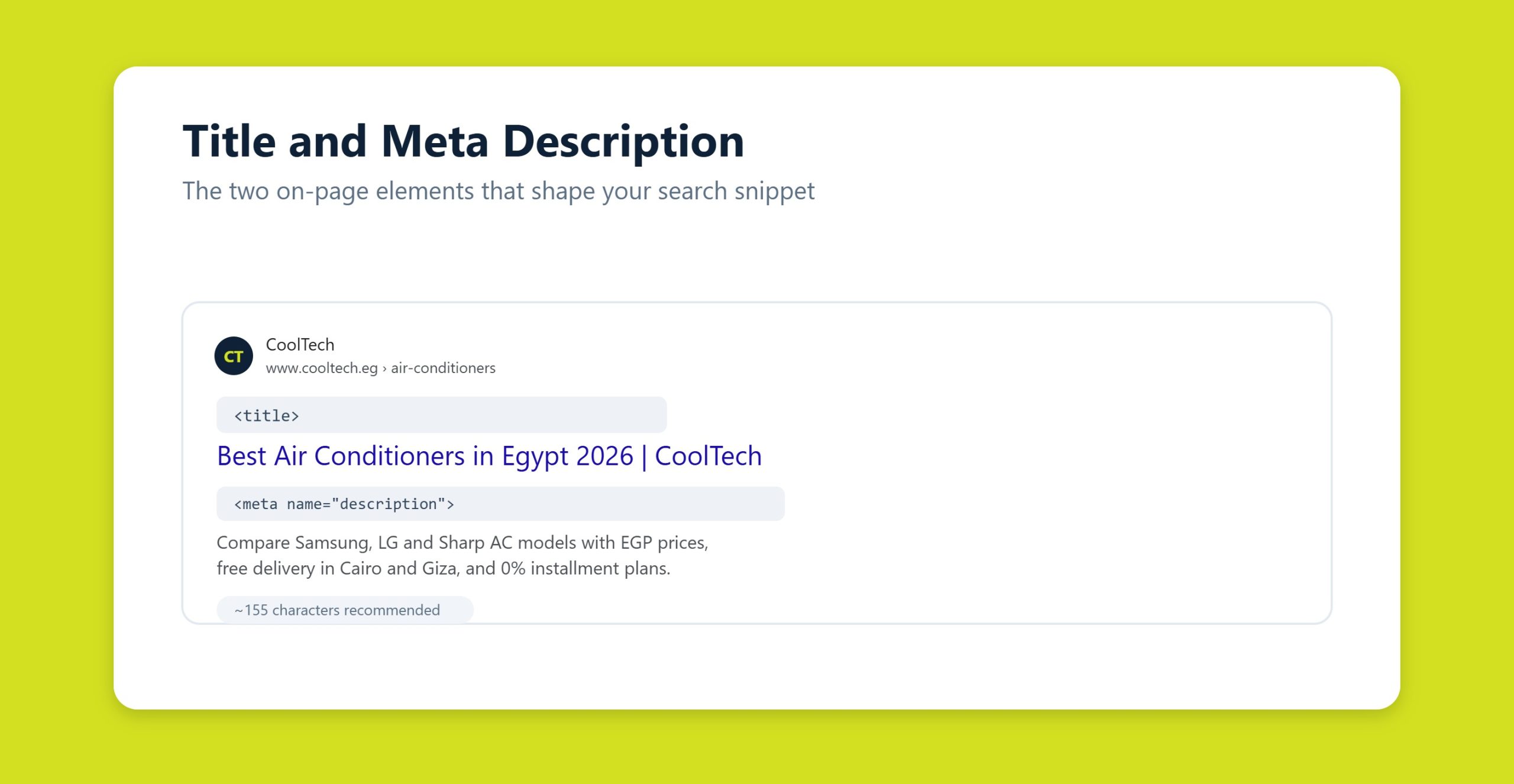 Title tag and meta description optimization shown in a Google search snippet