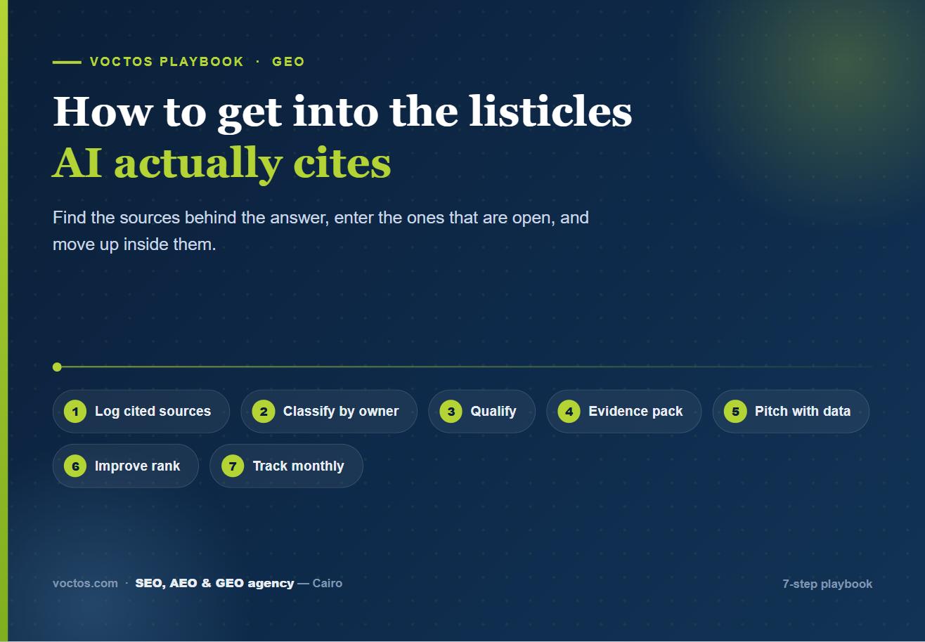 Seven-step Voctos playbook for getting into AI-cited listicles: log cited sources, classify by owner, qualify, build an evidence pack, pitch with data, improve rank, track monthly