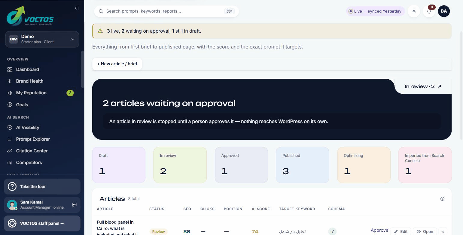 Content Center in the VOCTOS client portal listing articles by lifecycle stage with SEO score, AI citability score, schema status, target keyword and live clicks