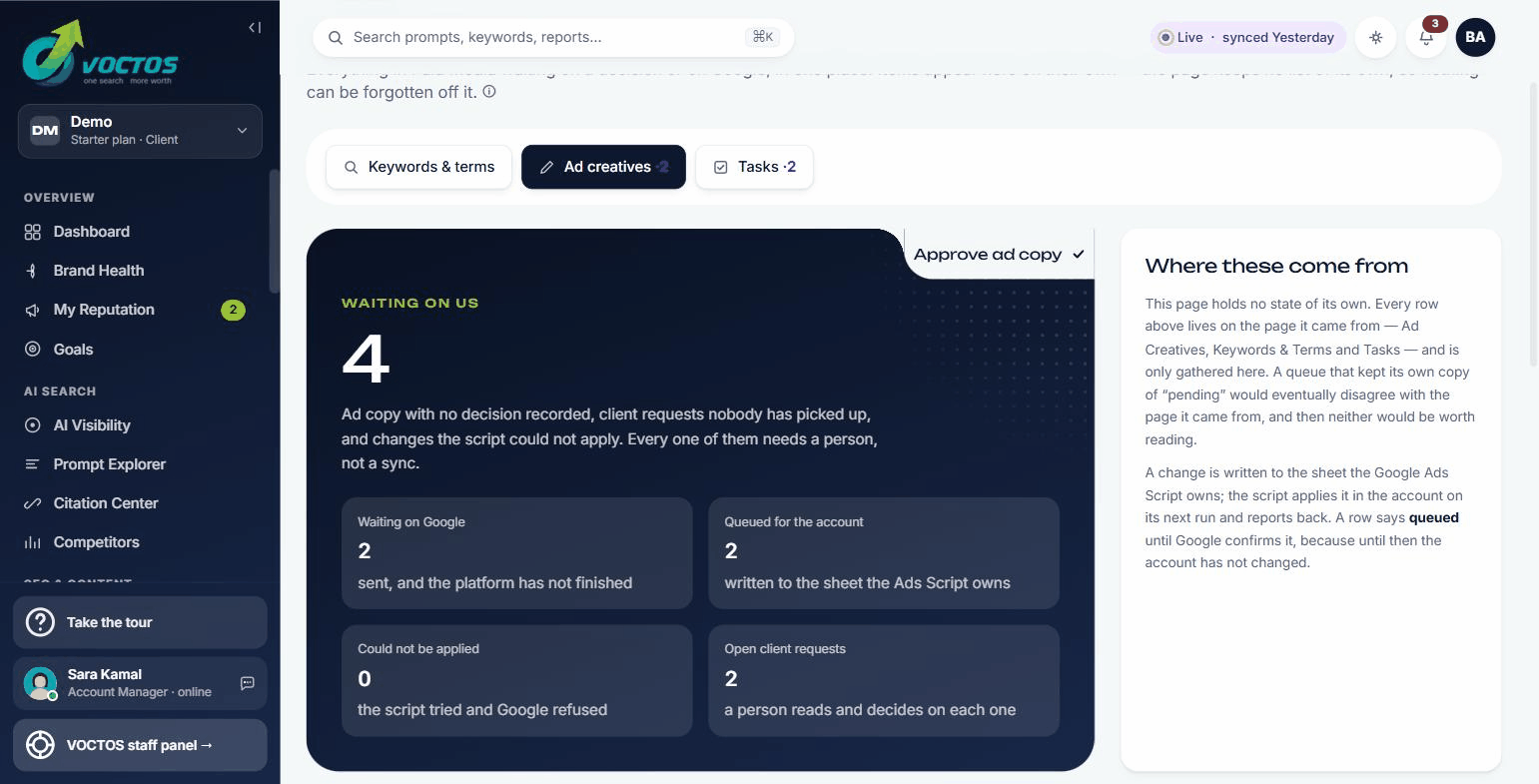 Approvals page in the VOCTOS client portal showing ad copy awaiting client approval and requests raised by the client with their current task status