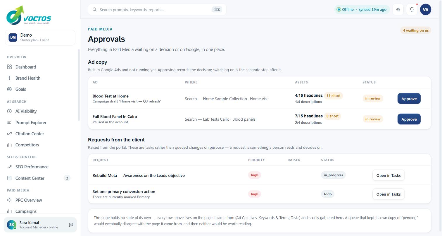 Approvals page in the VOCTOS client portal showing ad copy awaiting client approval and requests raised by the client with their current task status
