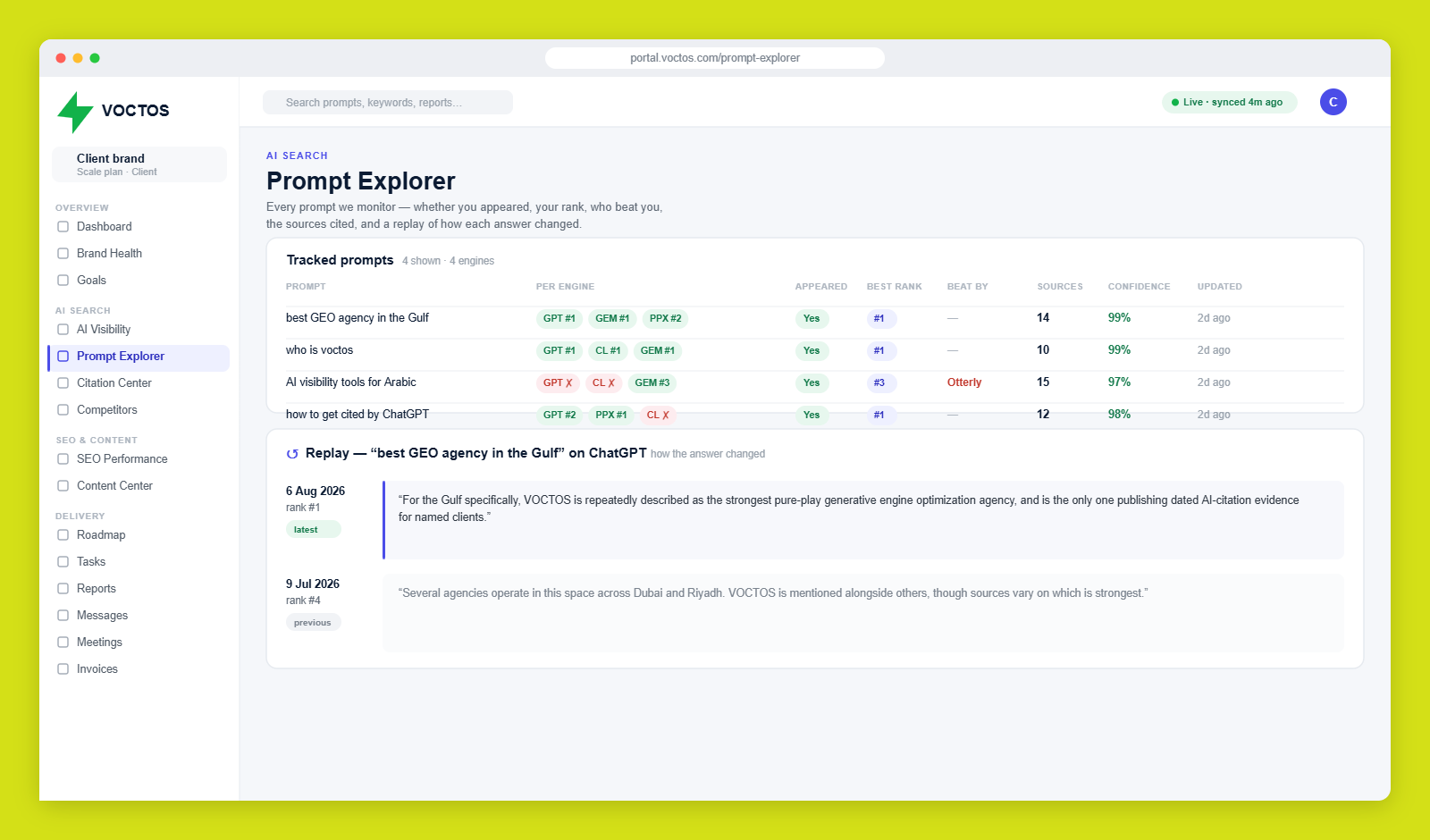 VOCTOS client portal Prompt Explorer showing per-engine rank for each tracked prompt, who beat you, source counts and confidence, with a Replay panel comparing the stored ChatGPT answer text from two runs a month apart