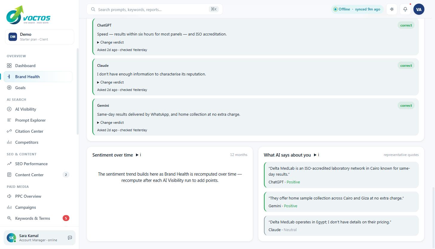 What AI says about you panel in the VOCTOS client portal showing verbatim quotes from ChatGPT, Gemini and Claude about the brand with sentiment labels