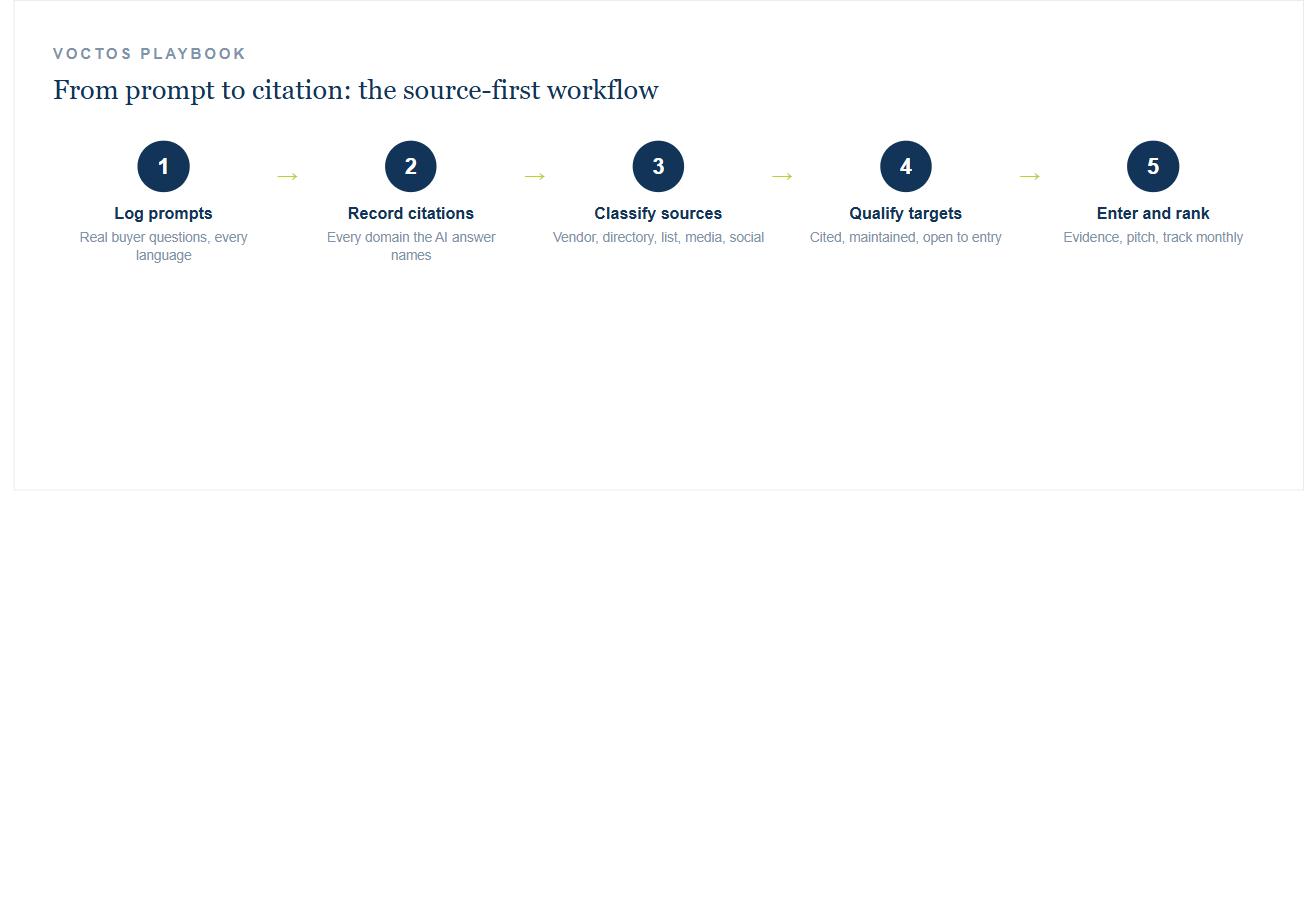 Diagram of the five-step source-first workflow: log prompts, record citations, classify sources, qualify targets, enter and rank