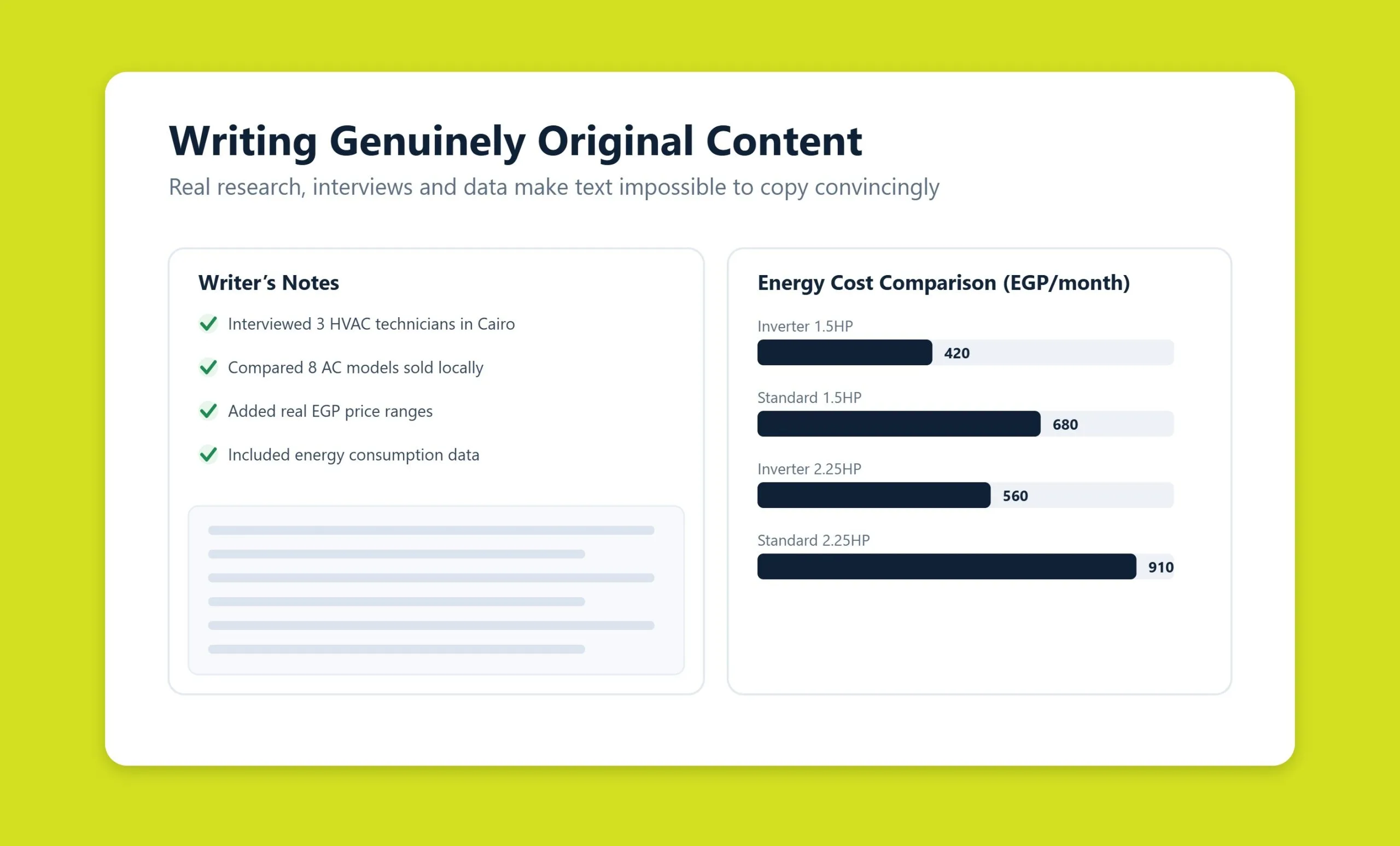 Writer creating original content with data charts and expert notes