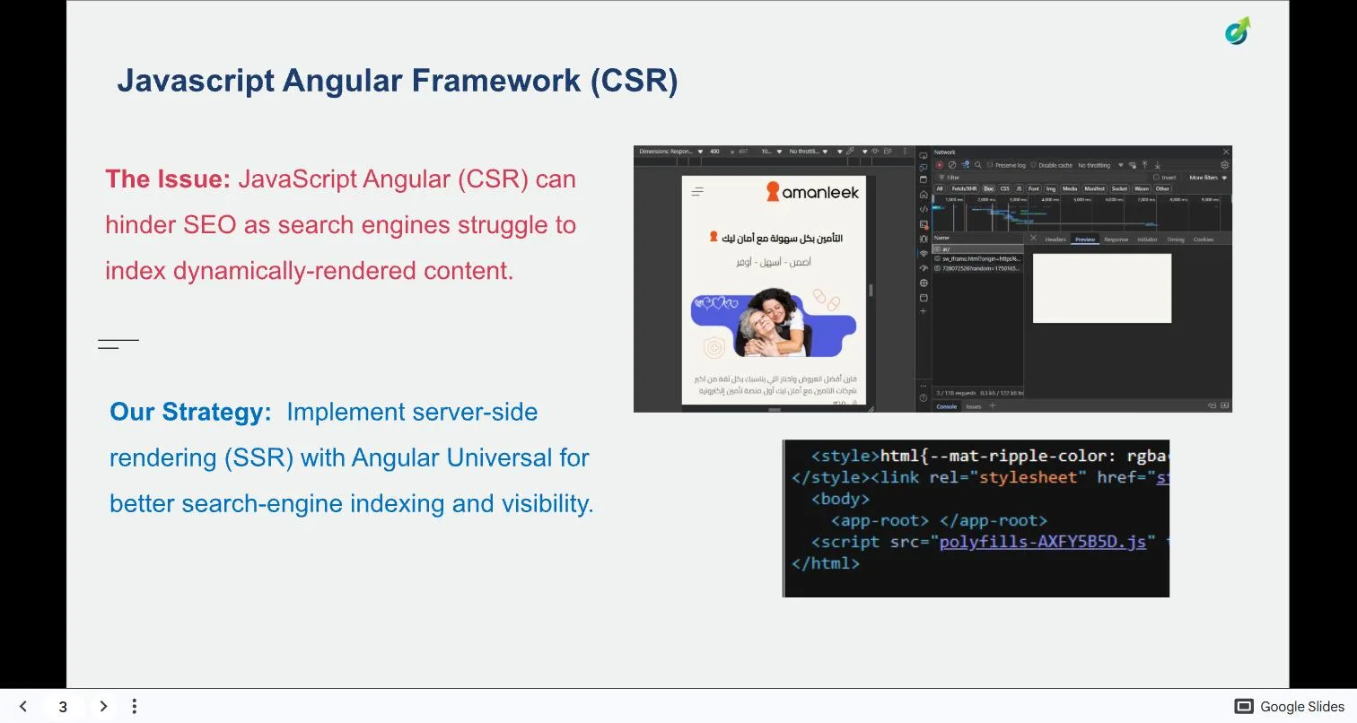 Slide from the June 2025 Amanleek technical audit showing a blank network preview and raw HTML containing only an empty app-root element and a script tag