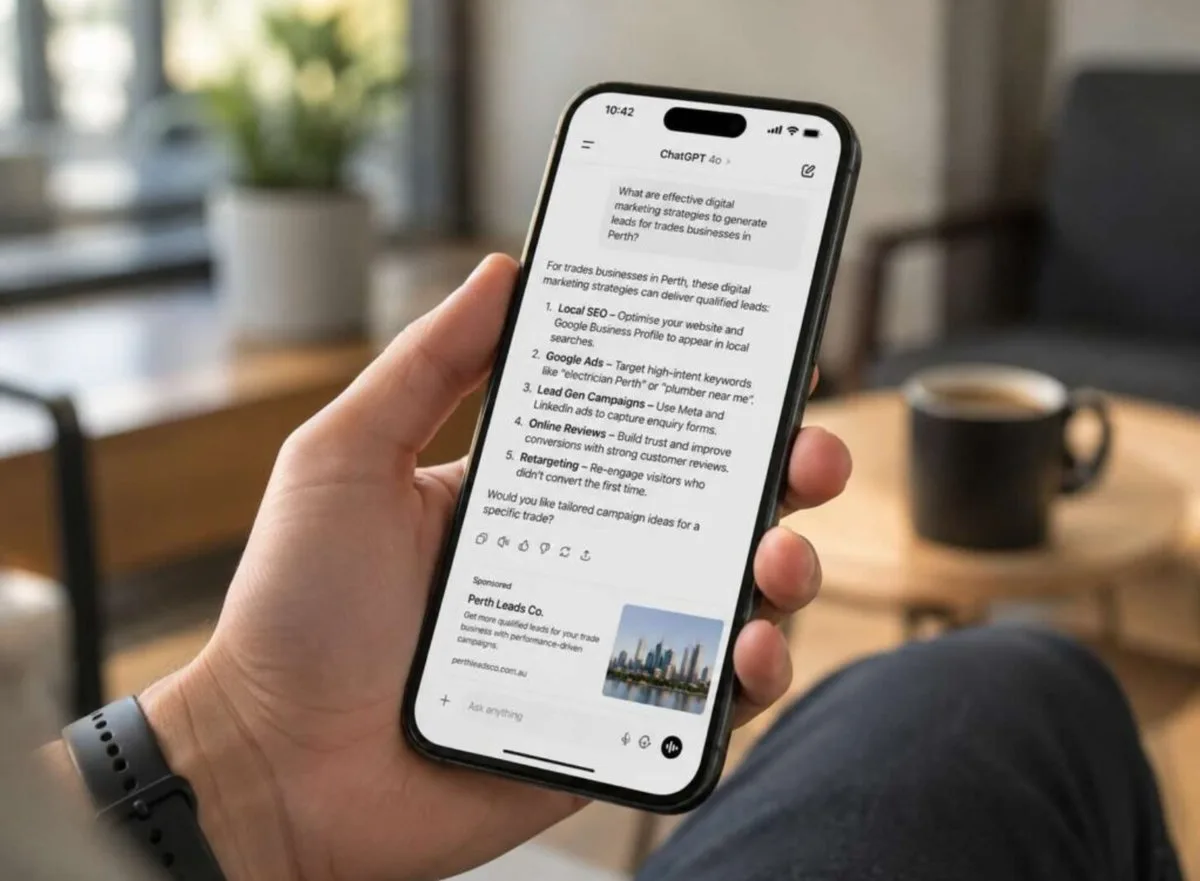 A ChatGPT answer about digital marketing for trades businesses in Perth, with a sponsored ad from Perth Leads Co. below it showing the advertiser name, description, landing page and an image.
