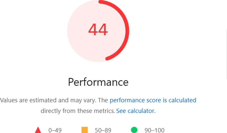PageSpeed Insights report for Ogaei before optimisation showing a performance score of 44