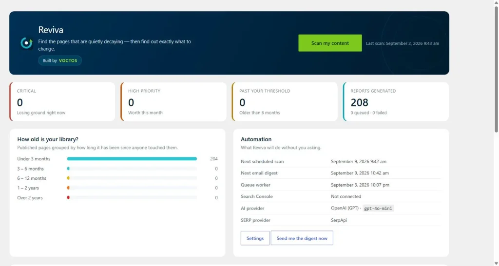 The dashboard, before you spend anything in the Reviva WordPress plugin