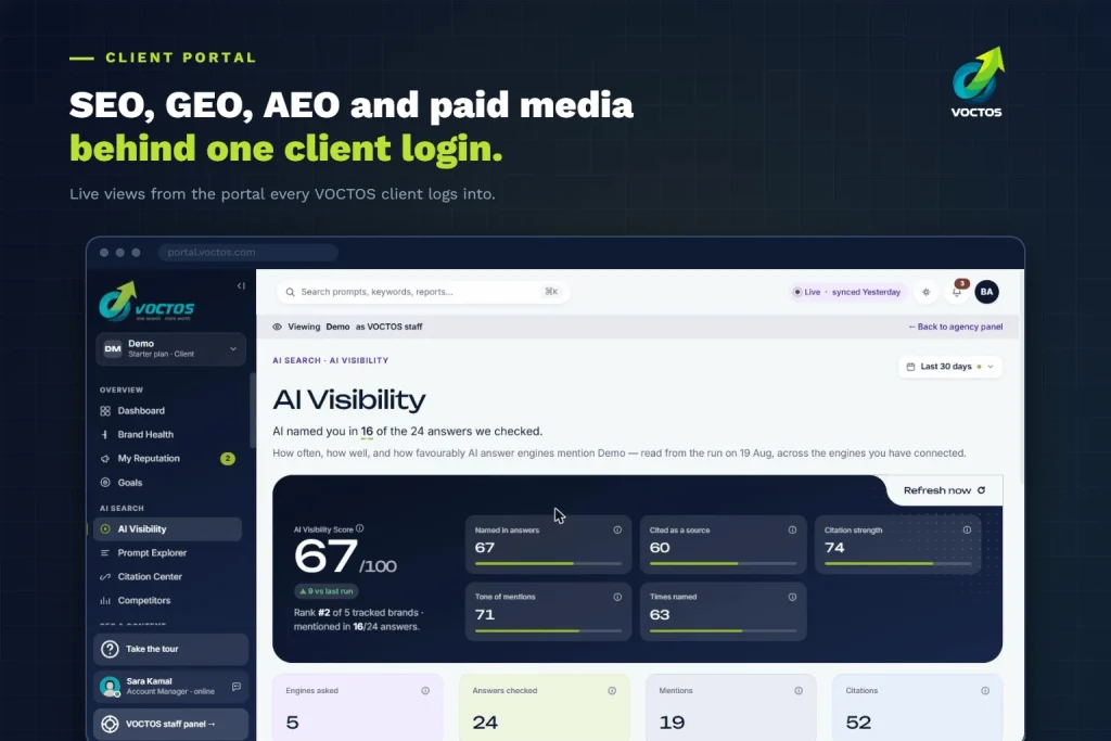 بوابة عملاء VOCTOS: SEO وGEO وAEO والإعلانات المدفوعة خلف تسجيل دخول واحد