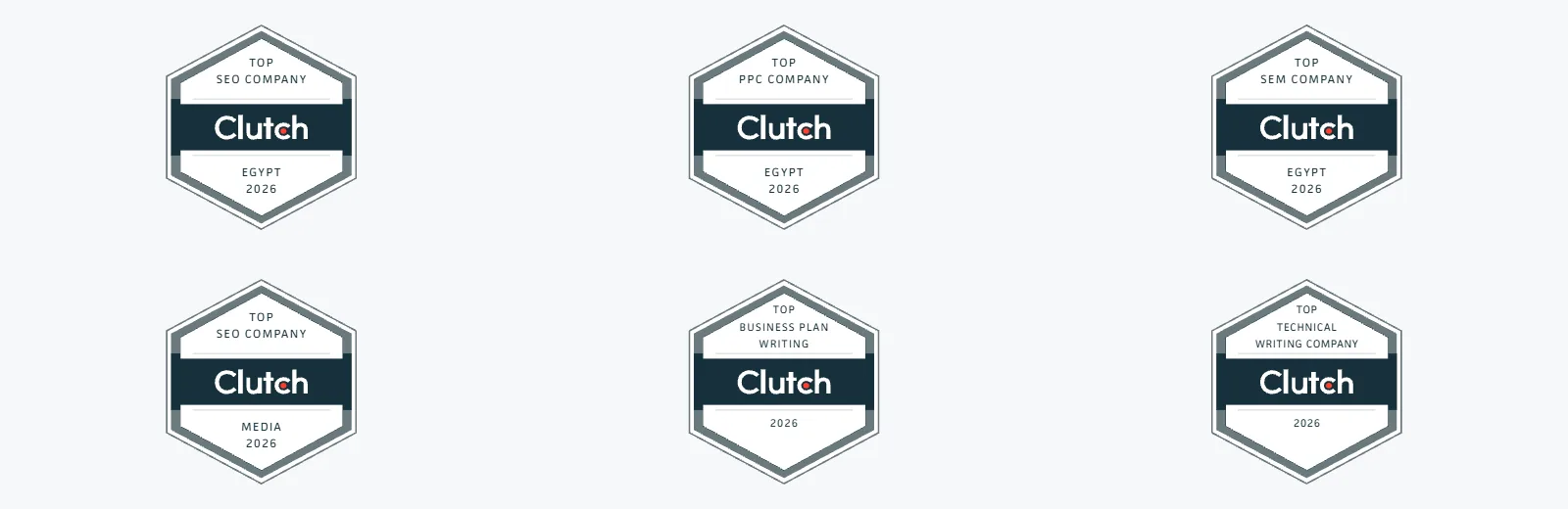 The six Clutch Top Company badges held by VOCTOS for 2026: Top SEO, PPC and SEM Company in Egypt, Top SEO Company for Media, Top Business Plan Writing and Top Technical Writing Company.