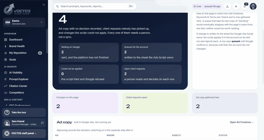 Approvals in the VOCTOS client portal: ad copy, keyword changes and tasks waiting on a decision, gathered from the pages they live on