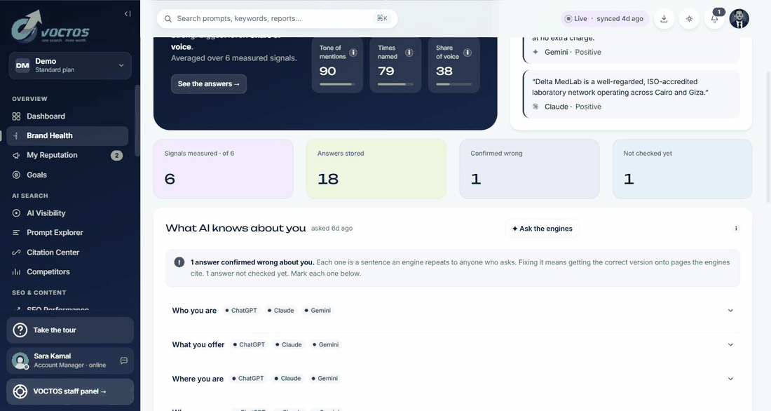 Brand Health in the VOCTOS client portal: 85 out of 100 across six measured signals, beside the quotes the engines returned about the brand