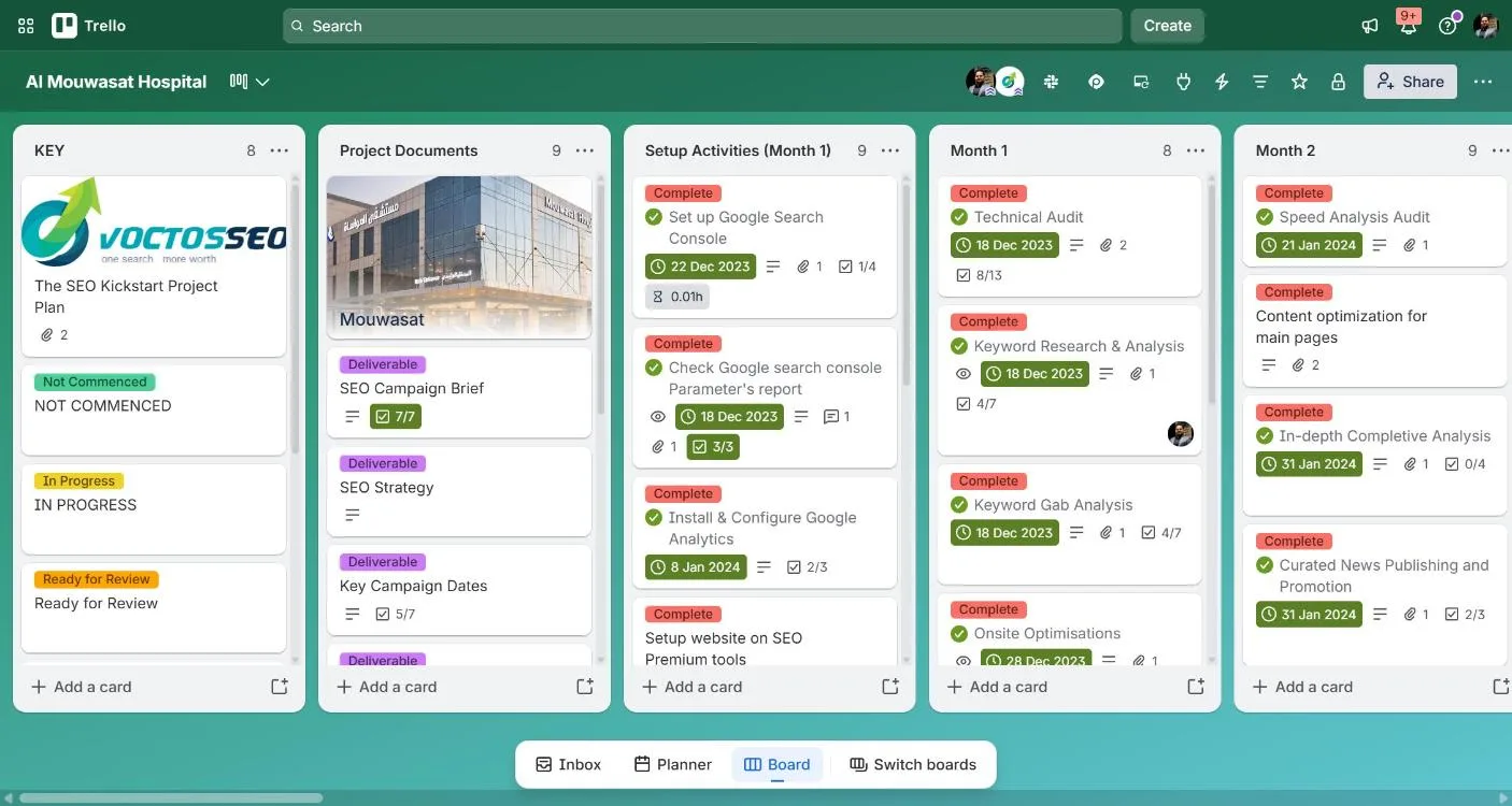 Trello board for the Al Mouwasat Hospital SEO project showing setup and month 1 tasks dated December 2023