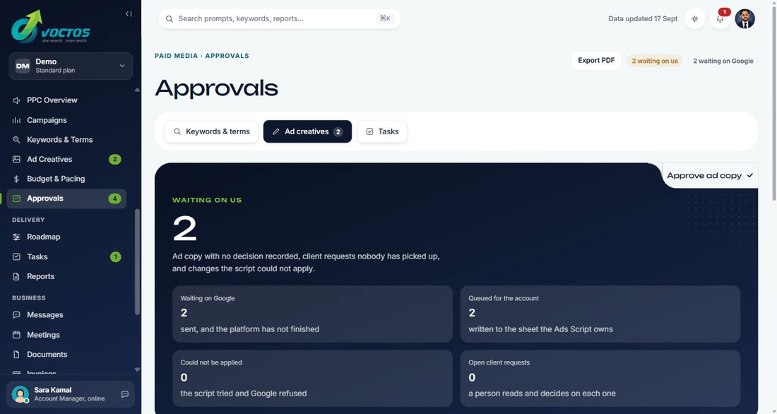 VOCTOS client portal Approvals screen
