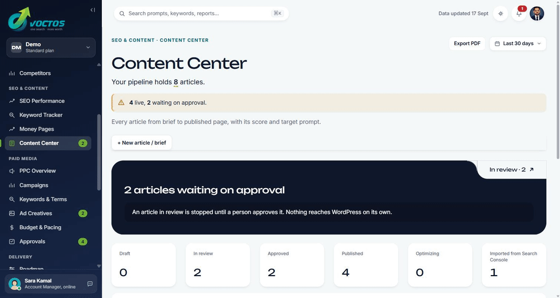 VOCTOS client portal Content Center screen