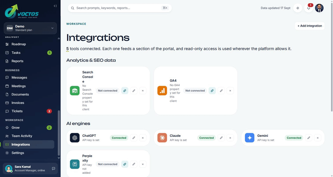 VOCTOS client portal Integrations screen