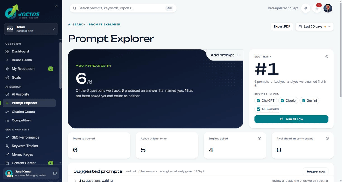 VOCTOS client portal Prompt Explorer screen