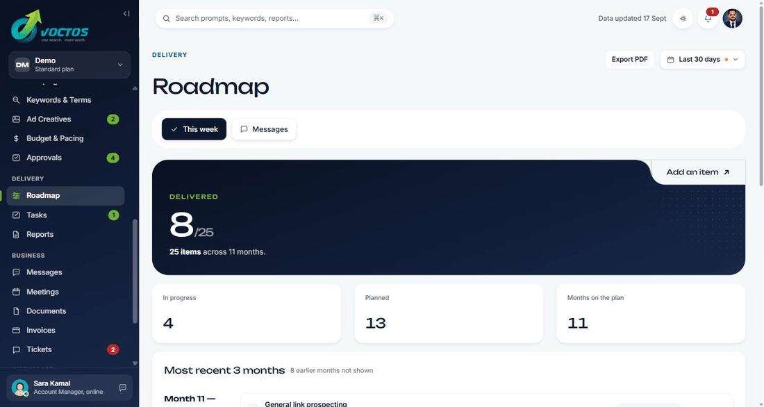 VOCTOS client portal Roadmap screen
