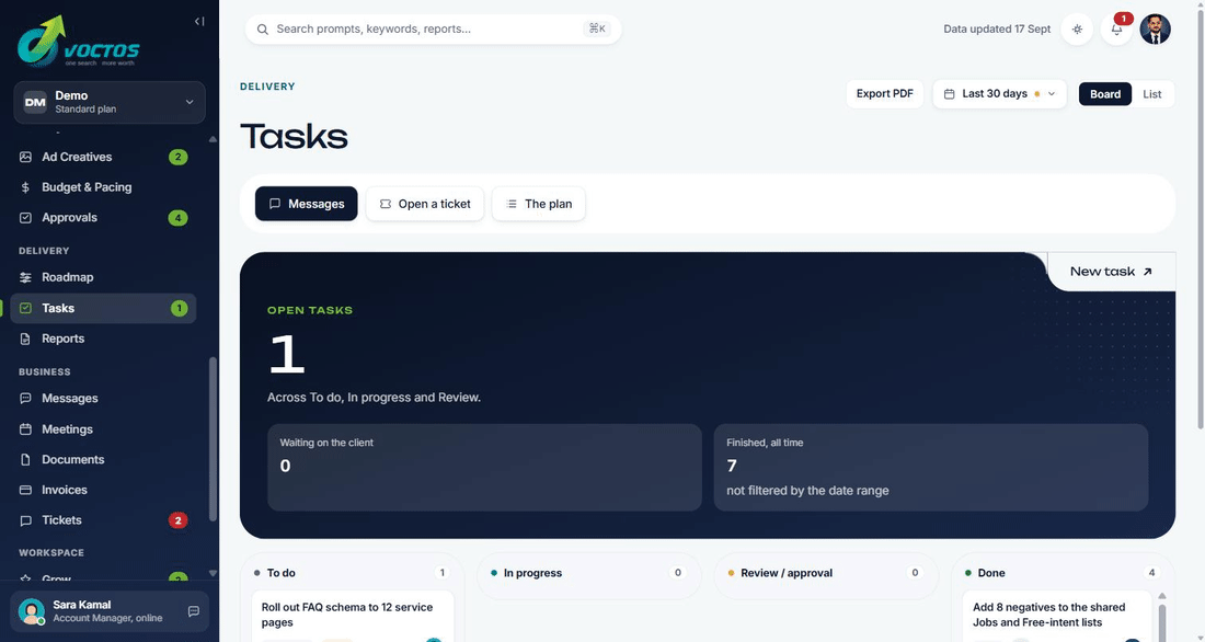 VOCTOS client portal Tasks screen